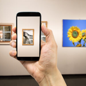 man photograph a painting at an exhibition of the museum.Background photos are my property